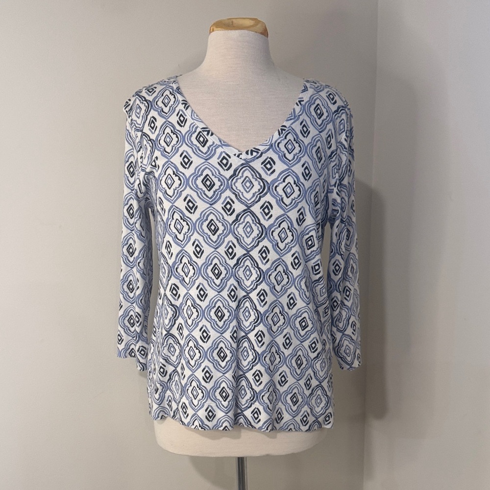 Chico's Blue and White Diamond Pattern Long Sleeve Top